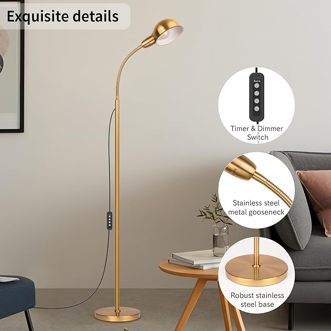 Gold Floor Lamp with Flexible Gooseneck and Rotatable Shade，Standing Lamp Include Dimmer LED Bulb，Ideal Tall Lamp with Dimmer and Timer Switch for Reading,Bedside and Living Room (Gold) - Bloomnest