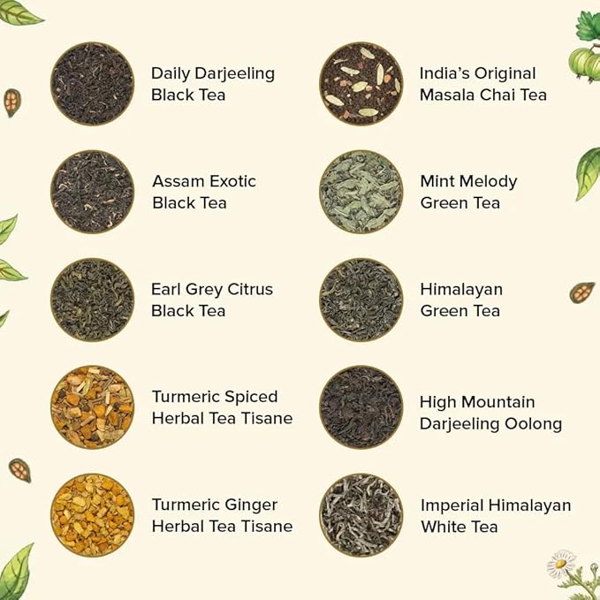 VAHDAM, Assorted Loose Leaf Tea Gift Set (10 Flavors, 100 gm) Gift Ideas for Women & Men | Herbal Tea, Green Tea, Chai Tea & Black Tea Sampler| Non-GMO, Gluten Free | Gifts for Him/Her - Bloomnest