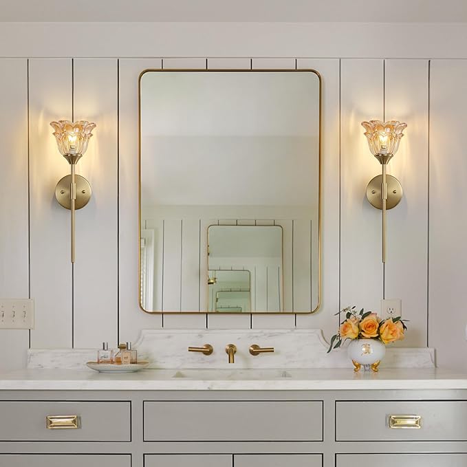 2 Pack Gold Wall Sconce with Modern Amber Glass Shades, Modern Mid Century Bathroom Vanity Wall Light Fixtures, Industrial Brushed Brass Wall Lamp, for Bedroom Mirror Living Room, ETL Listed - Bloomnest