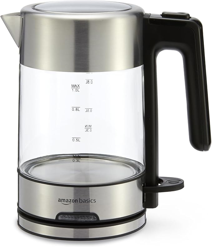 Amazon Basics Electric Kettle with Glass Carafe for Tea and Coffee, BPA-Free, Fast Boiling, Auto Shut-Off, 1.1 Quarts, 1500W, Glass and Steel - Bloomnest