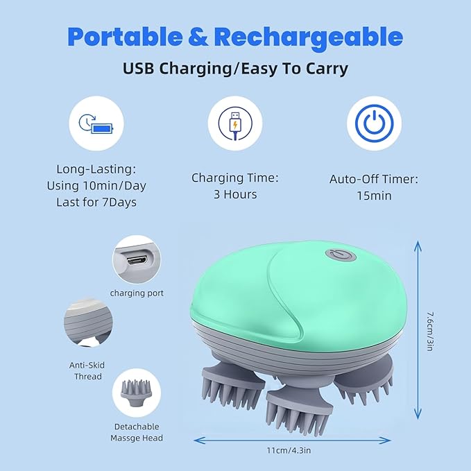 Electric Scalp Massager for Men Women, Handheld Cat Dog Pet Head Massager with 4 Massage Heads, 3 Speeds, Waterproof, for Hair Growth, Soothing Muscles Joints, Stress Relax(Green) Bloomnest