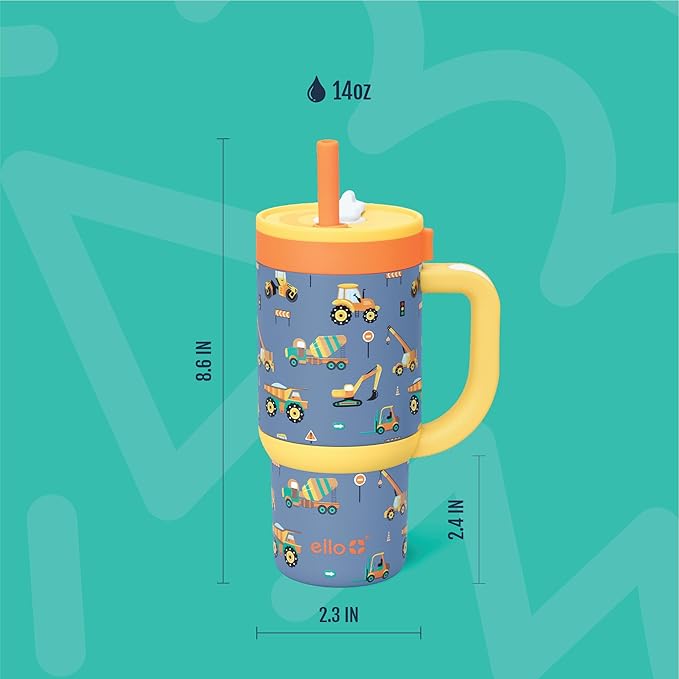Ello Oasis 14oz Stainless Steel Toddler Tumbler with Handle & Retracting Straw, 100% Leakproof, Double-Wall Vacuum Insulated, Kids Water Bottle for School, BPA Free, Dishwasher Safe, Construction - Bloomnest