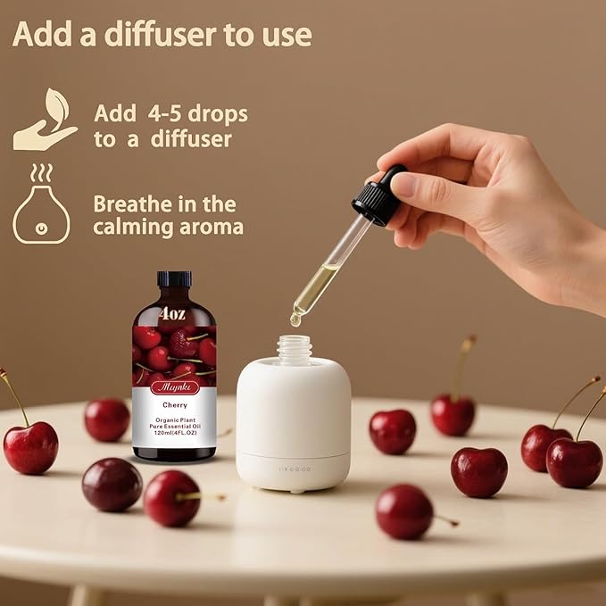 Cherry Essential Oil, Roll-on Cherry Oil Sets (4 Fl Oz + 0.33 Fl Oz) - 100% Natural, Diffuser, Massage, Yoga, DIY Soap and Candle Making - Home Fragrance, Fragrance Oils, Gifts, Spa Care MLYNKLESSENTIALOILS