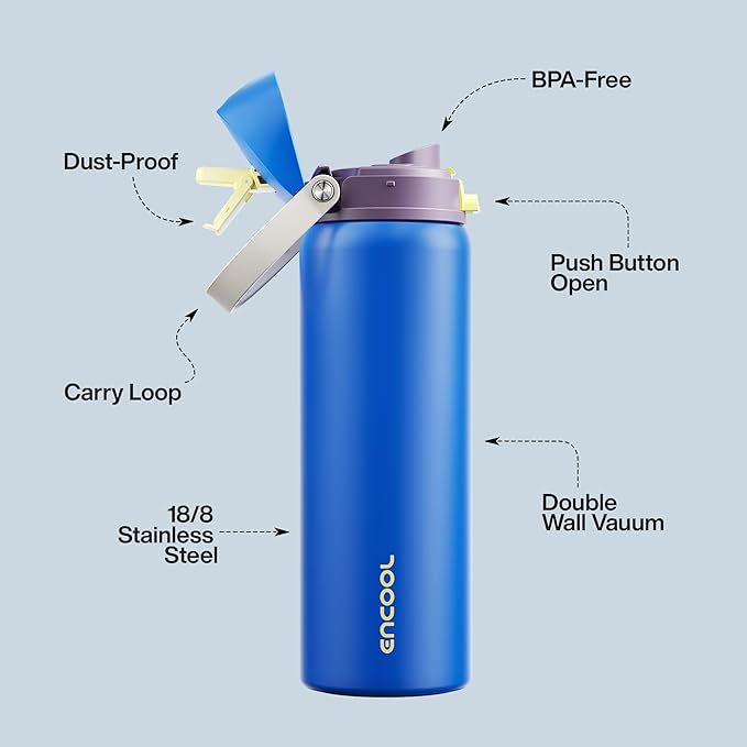 Insulated Water Bottle with Straw - Encool Stainless Steel Water Bottle with Push Button Lid, Leak-Proof & BPA-Free, Keeps Cold for 24 Hours for Sports, Travel, Gym (32 oz, Sapphire) ENCOOL
