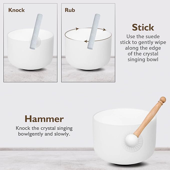 8 Inch F Note 432hz Heart Chakra Crystal Singing Bowl Healing Pure White with Carrying Case and Rubber Mallet Suede Strikers Oring - Bloomnest