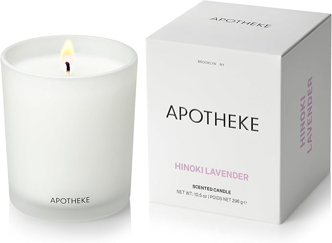 Apotheke Signature Scented Candles for Home, Hinoki Lavender - 10.5 oz - Soy Wax, Non Toxic, Large Jar White - Luxury Candle Gifts for Women & Men - Hinoki Cypress, Lavender, and Lotus Flower - Bloomnest