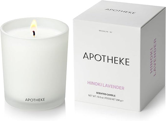 Apotheke Signature Scented Candles for Home, Hinoki Lavender - 10.5 oz - Soy Wax, Non Toxic, Large Jar White - Luxury Candle Gifts for Women & Men - Hinoki Cypress, Lavender, and Lotus Flower - Bloomnest
