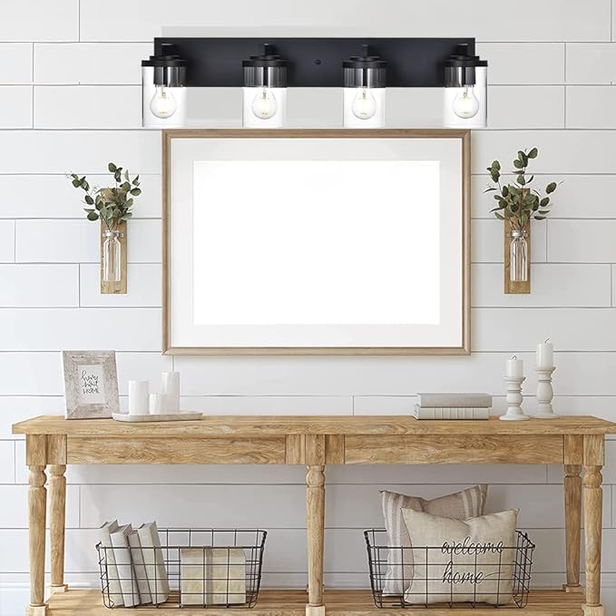 BONLICHT Modern Wall Bathroom Vanity Light Fixture 4 Light Black Metal with Clear Glass Shade,Industrial Vintage Farmhouse Wall Mount Lighting Sconce Bath Lighting Over Mirror for Kitchen Hallway - Bloomnest