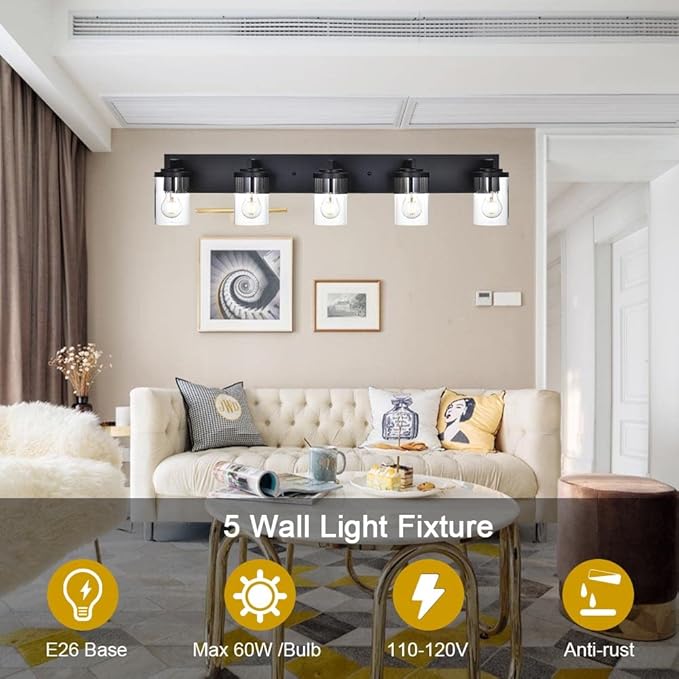 BONLICHT Industrial 5 Light Wall Mount Lighting Sconces Bathroom Vanity Light Matte Black Metal with Clear Glass Shade,Modern Farmhouse Wall Lamp Indoor Bath Wall Lamp Fixture Over Mirror - Bloomnest