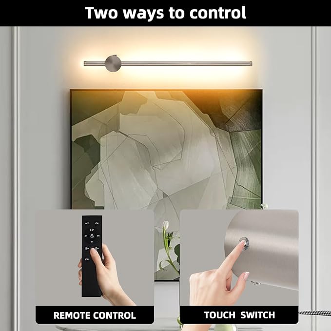 Battery Operated Wall Sconces with Remote, Dimmable 3000K-6000K/Timer/Memory LED Wall Lamp, 350°Rotate, USB Rechargeable Wireless wall lights for Living Room, Bedroom Brushed Nickel 23.6" (2 Pack) - Bloomnest