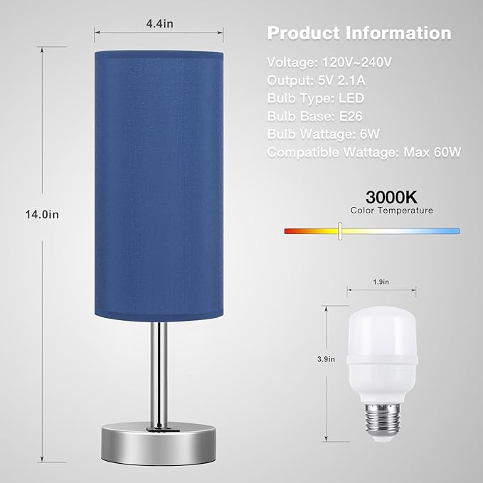Navy Blue Touch Lamp for Boys - Small Nightstand Lamp with USB-C and USB Charging Ports, 3 Way Dimmable Bedside Table Lamp with Fabric Shade Silver Base for Nursery, Dorm, Office, Reading - Bloomnest
