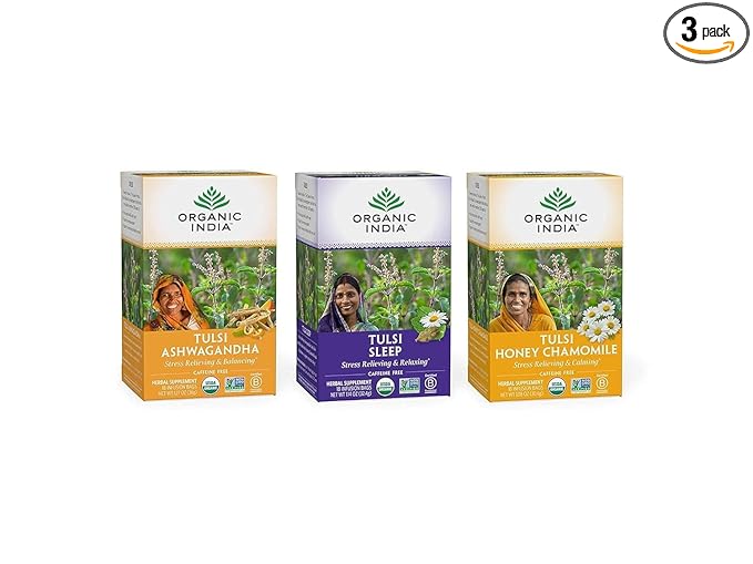 ORGANIC INDIA Iced Tulsi Tea Bags Variety Pack - Assorted Tea, Holy Basil, Ashwaganda, Sleep, Honey Chamomile - Adaptogen, Vegan, USDA Certified Organic, Non-GMO - 18 Infusion Bags per Box (Pack of 3) - Bloomnest