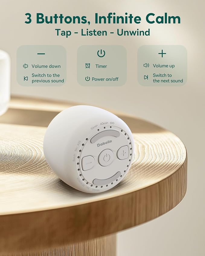 Babelio White Noise Sound Machine for Adults Kids Baby, Mini, 15 Non-looping Sounds, Timer, Memory Function, Easy to Pocket and Travel White - Bloomnest