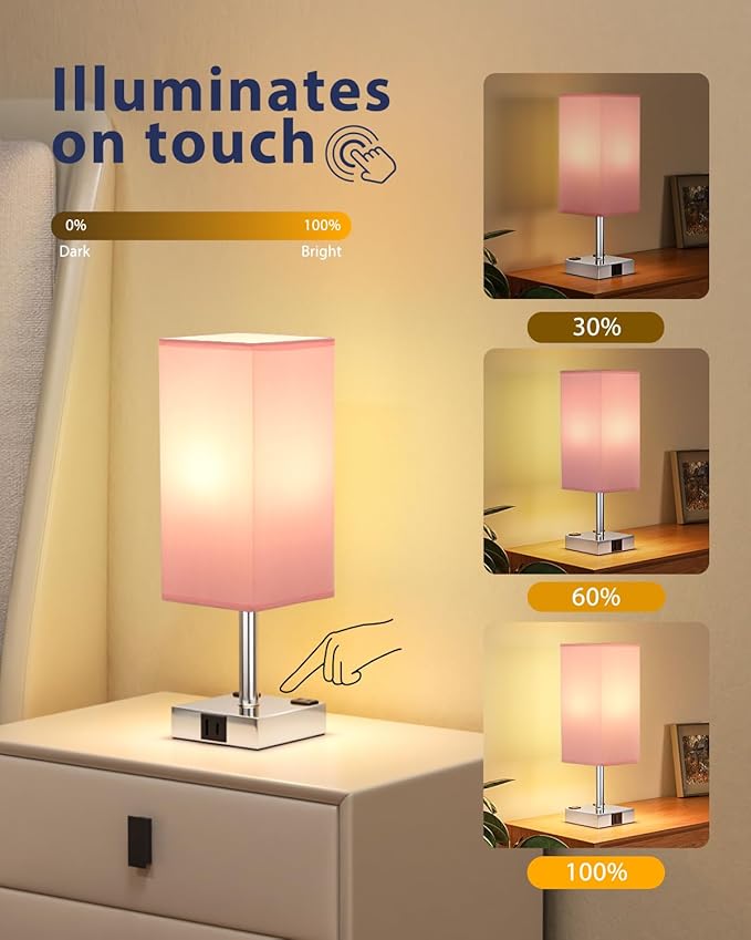 Touch Bedside Table Lamp for Nightstand - 3-Way Dimmable Night Lamp with USB A + Type C Charging Ports and Two AC Outlets, Small Desk Light with E26 LED Bulb for Bedroom Living Room Dorm Office, Pink - Bloomnest