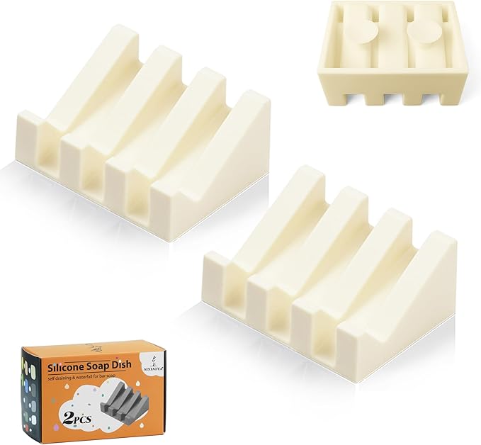 Silicone Soap Dish with Drain, Upgrade Double Suction Cups at The Bottom for Anti-Slip and Stability, Soap Dish Shower Waterfall Bar Soap Holder Tray with Drain Soap Holder (2, CreamWhite) - Bloomnest