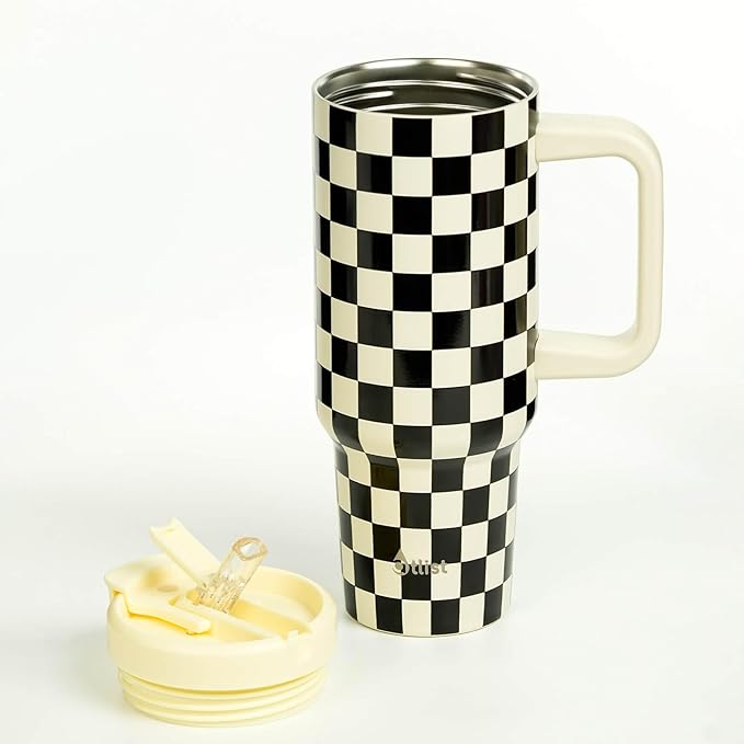ProTour 100% Leakproof 40 oz Tumbler with Handle & 4-in-1 SipSwig Lid | Built-In Flip Straw & External Stainless Steel Straw | Insulated Stainless Steel Cup | BPA-Free | Black & White Checkered - Bloomnest