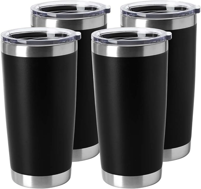 HASLE OUTFITTERS 20oz Stainless Steel Tumblers Bulk, Insulated Travel Cup with Lid, Double Wall Vacuum Coffee Mug for Cold & Hot Drinks 4 Pack, Black
