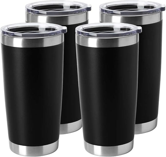 HASLE OUTFITTERS 20oz Stainless Steel Tumblers Bulk, Insulated Travel Cup with Lid, Double Wall Vacuum Coffee Mug for Cold & Hot Drinks 4 Pack, Black