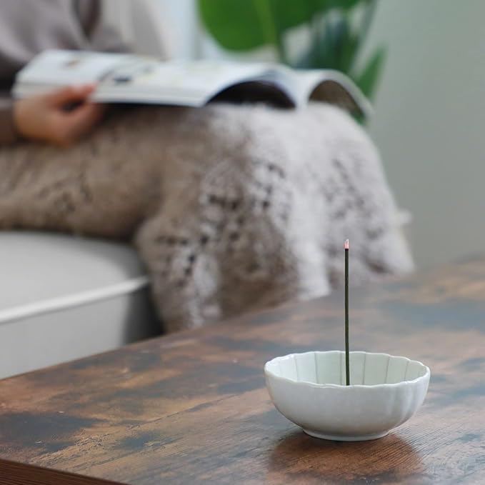 Asayu Japan White Lotus Incense Holder for Sticks 4.1 inch (105mm), Traditional Made in Japan Ceramic Ash Catcher and Brass Incense Burner Set, Japanese Incense Bowl - Bloomnest