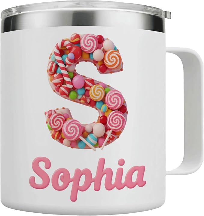 Personalized Kids Mug with Name, 12oz Insulated Tumbler with Handle, Custom Candy Initial Cup, Cute Birthday Christmas Gift for Girls, Boys, Her, Stocking Stuffer (B03) - Bloomnest