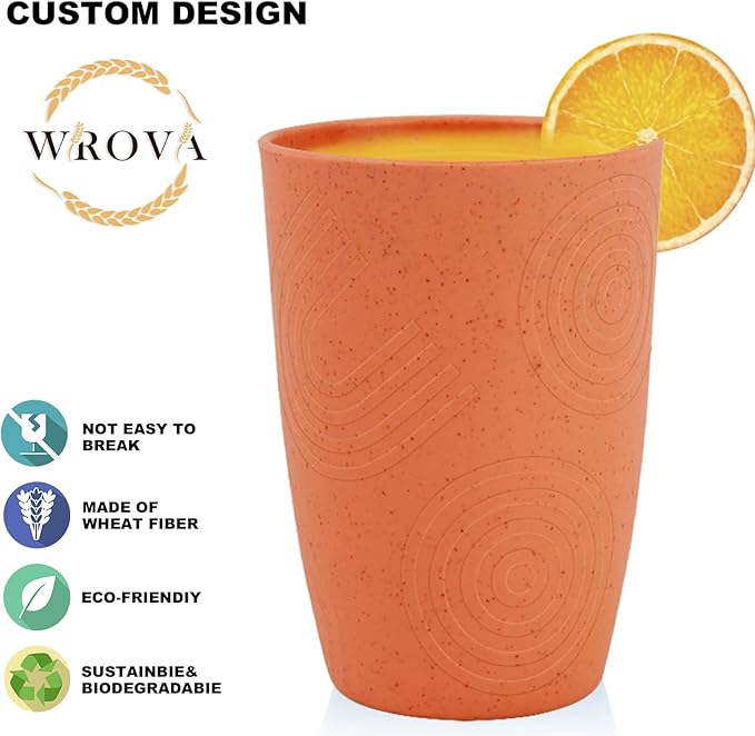 Wrova Wheat Straw Cups 8PCS,12oz Unreabkable Drinking Cups Freezer,Dishwasher and Microwave Safe,Sturdy Plastic Cups Reusable suitable for Kitchen,Camping,Picnic,White-Yellow-Orange-Blue - Bloomnest