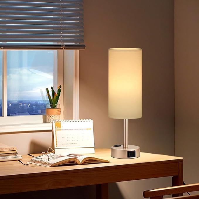 Antique White Bedside Table Lamp for Bedroom - 3 Way Dimmable Touch Lamp USB C Charging Ports and AC Outlet, Small Lamp Gold Base Round Flaxen Fabric Shade for Living Room, Desk, LED Bulb Included - Bloomnest