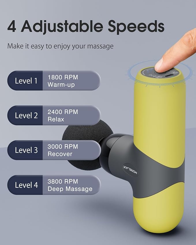 Morelax Mini Massage Gun Portable Deep Tissue Muscle Percussion Massager, Electric Handheld Sport Massager with 6 Massage Heads 4 Speed, Best Gift (Yellow) - Bloomnest