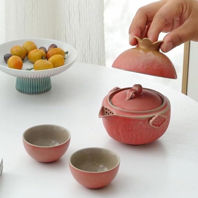 Pomegranate Shape Travel Teapot, Portable Ceramic Tea Set, 1 Pot 3 Mini Cups, Tea Set for One to Three, Tea Gift for Tea Lovers - Bloomnest
