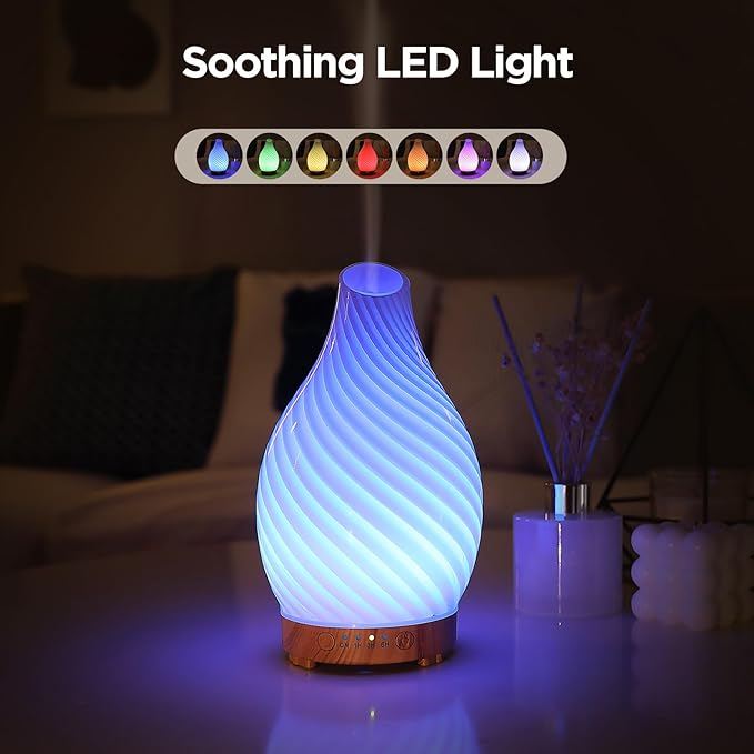 Art Glass Essential Oil Diffuser - 160ml Ultrasonic Cool Mist Scent Aroma Aromatherapy Diffuser, Intermittent with Auto Shut-Off Timer Setting &7 Colors Night Light for Home -Ethereal Time - Bloomnest