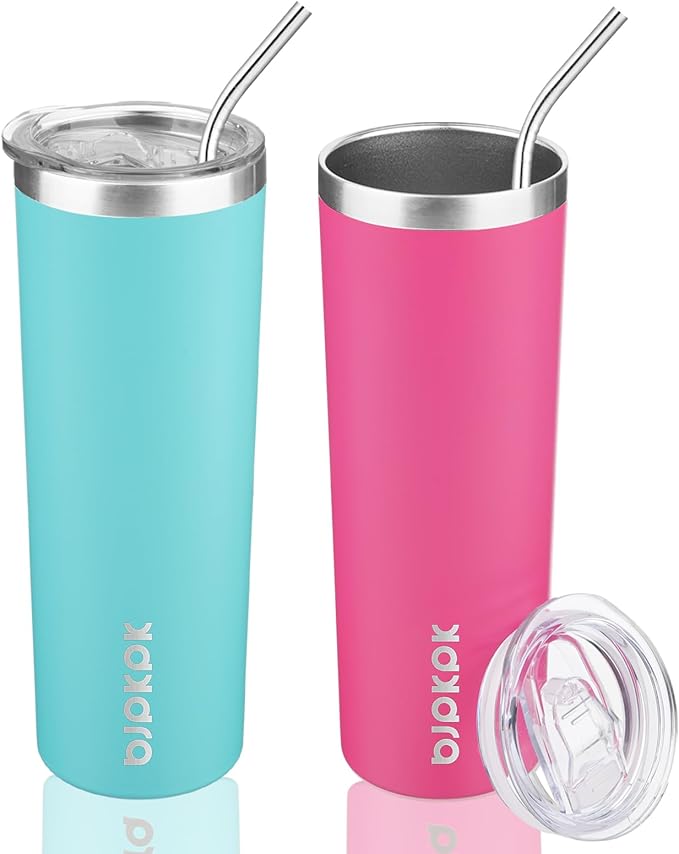 BJPKPK 2 Pack 20oz Skinny Tumblers with Lid Insulated Travel Coffee Cup Stainless Steel Thermal Mug,Turquoise,Pink - Bloomnest