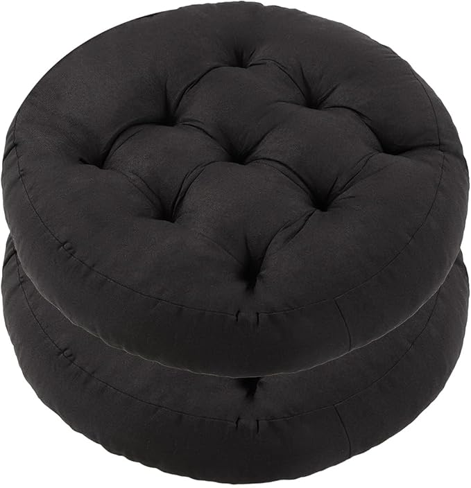 Meditation Floor Pillow, 2 Pack Round Floor Cushions for Adults, Button Tufted Seat Cushions for Yoga Tatami Living Room, Black, 22 x 22 x 4 in