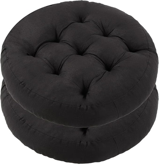 Meditation Floor Pillow, 2 Pack Round Floor Cushions for Adults, Button Tufted Seat Cushions for Yoga Tatami Living Room, Black, 22 x 22 x 4 in