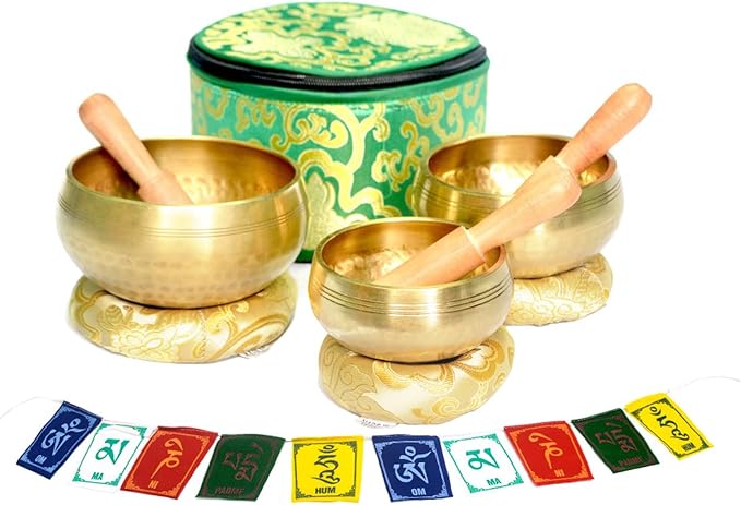 Tibetan Singing Bowl Set of 3 Authentic 7 Metals Meditation Sound Bowl for Yoga, Relaxation, Chakra Bowl, Handmade, Comes with Prayer flag, 3 Wooden Mallet, Silk Cushions, Brocade Box Khusi+Inc
