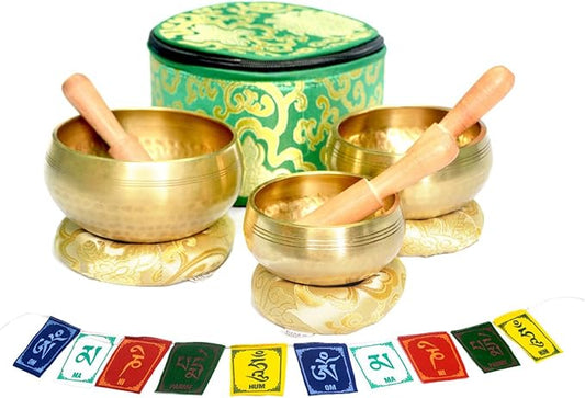 Tibetan Singing Bowl Set of 3 Authentic 7 Metals Meditation Sound Bowl for Yoga, Relaxation, Chakra Bowl, Handmade, Comes with Prayer flag, 3 Wooden Mallet, Silk Cushions, Brocade Box Khusi+Inc