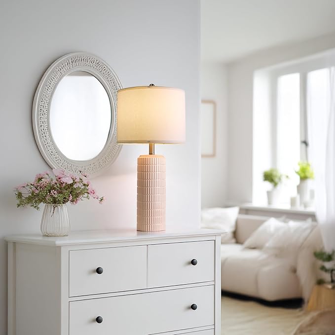 PoKat 27.5" Pink Ceramic Table Lamps for Girls Room Set of 2, Modern Bedroom Lamps, Bedside Lamps for Night Stands Living Room, Cute Lamps Pink Decor, Nightstands Desk Nursery - Bloomnest