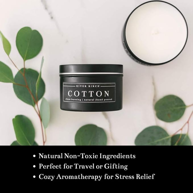 River Birch Candles Cotton Scented Candle | Premium, All-Natural, Non-Toxic, Soy Candles | 8 oz. Black Matte Tin Travel Candle | Cozy Relaxing Gifts for Home - Bloomnest