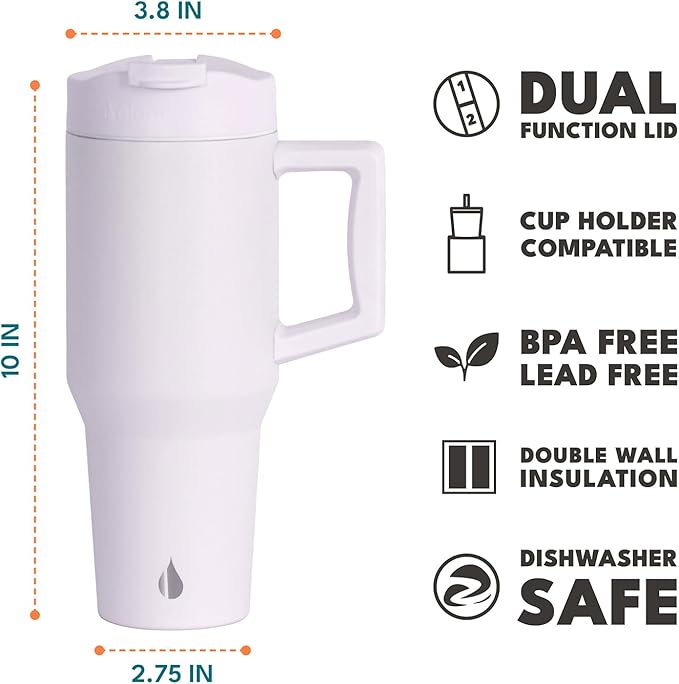 Elemental 32 oz 100% Leak Proof Tumbler with Handle & Straw - Stainless Steel Double Wall Insulated Tumbler for Hot and Cold Beverages - Travel Coffee Mug with Sip & Straw Lid - White - Bloomnest