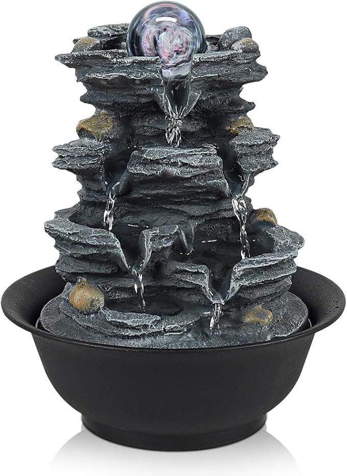 Tabletop Water Indoor Fountain Waterfall Indoor Water Fountains Feng Shui Zen Decorative Desktop Fountain with Colored Led Light and Spinning Ball for Room,Office(Style 1) - Bloomnest