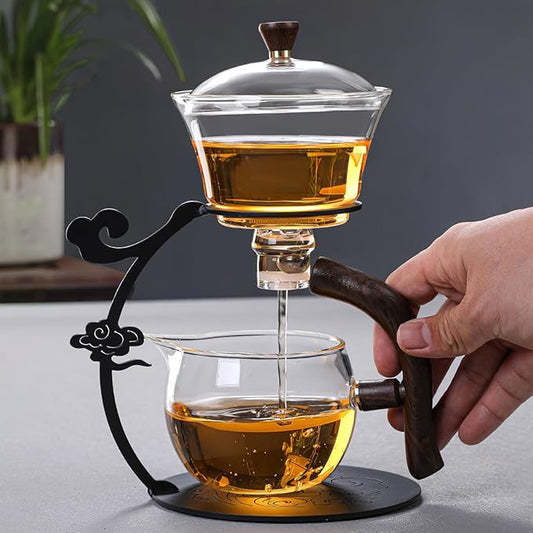 Lazy Kungfu Drip TeaPot, Heat Resistant Tea Set, Semi-Automatic Glass Teapot Suit for Magnetic Water Flow Wooden Glass Teapot Set