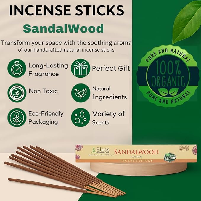 Bless-Sandalwood 100%-Natural-Handmade-Hand-Dipped-Incense-Sticks Organic-Chemicals-Charcoal-Free Purification-Relaxation-Positivity-Yoga-Meditation Best-Woods-Scent (100 Sticks (5.25 OZ)) BlessInternational
