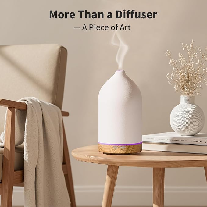 URPOWER 120ML Ceramic Essential Oil Diffuser Ultrasonic Aromatherapy Diffuser with Wood Grain Base, 7-Color LED Lights Auto Shut-Off, Humidifier for Home & Office, Air Diffuser for Relaxation - Bloomnest