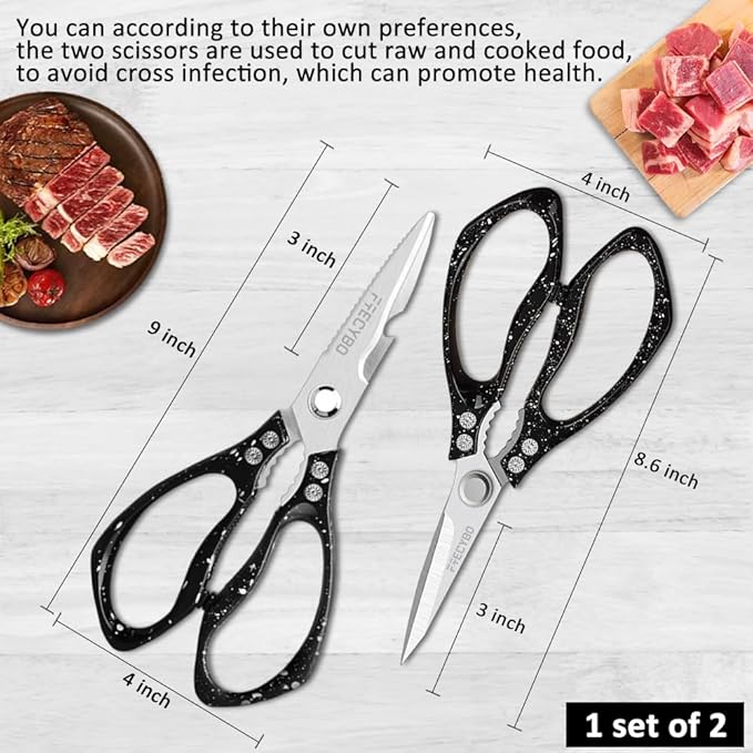Heavy Duty Food Shears, Multi-Purpose Kitchen Scissors with Sharp Blades, 2-Pack Stainless Steel Food Shears for Kitchen, Poultry, Meat, Fish,Bone (Black) - Bloomnest