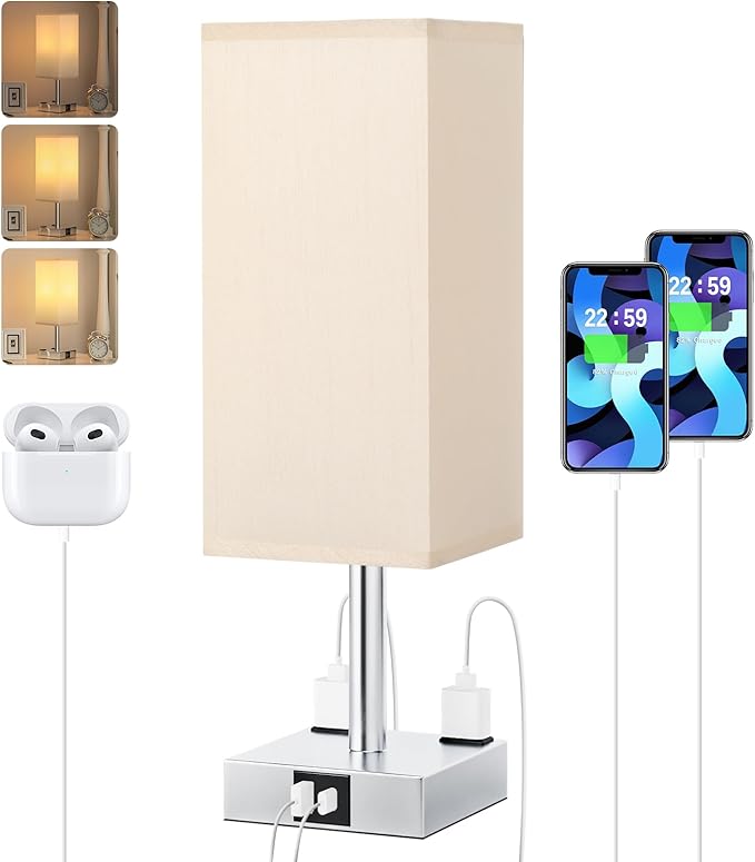 Touch Bedside Table Lamp for Nightstand - 3-Way Dimmable Night Lamp with USB A + Type C Charging Ports and Two AC Outlets, Small Desk Light with E26 LED Bulb for Bedroom Living Room Dorm Office - Bloomnest