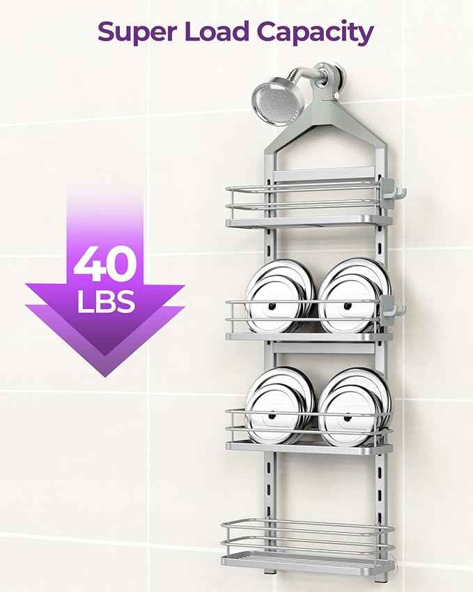 ODesign 4 Tier Height-Adjustable Shower Caddy Hanging Anti-Swing-Over The Shower Head Caddy- Storage Organizer Bathroom Shelves Basket Caddies-Silver - Bloomnest