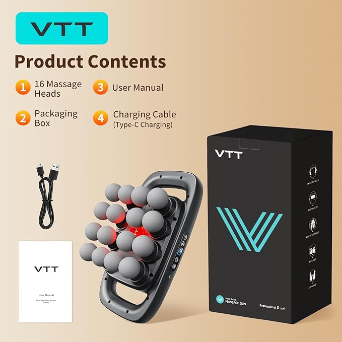 VTT 16-Head Massage Gun Set, Deep Tissue Percussion Massager with 3 Modes & 30 Intensities,Quiet Muscle Massage Gun for Back,Shoulders, Legs, Foot, Body Muscle Pain Relief - Bloomnest