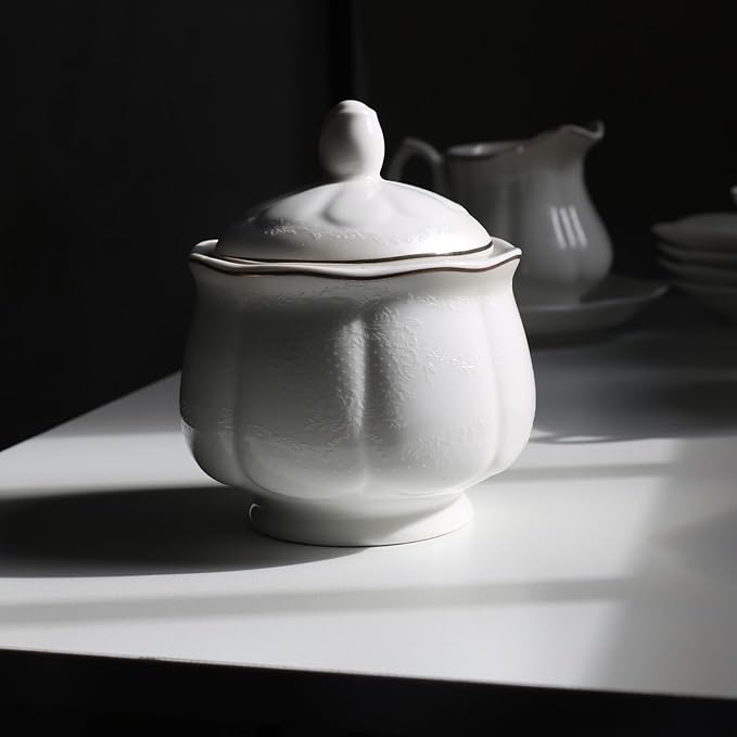 GuangYang 15-pcs Porcelain Tea sets for Adults, Off White Embossed Pattern with Gold Trim (A set Included 1 Teapot, 1 Sugar Bowl, 1 Cream Pitcher, 6 Cups and 6 Saucers) - Bloomnest