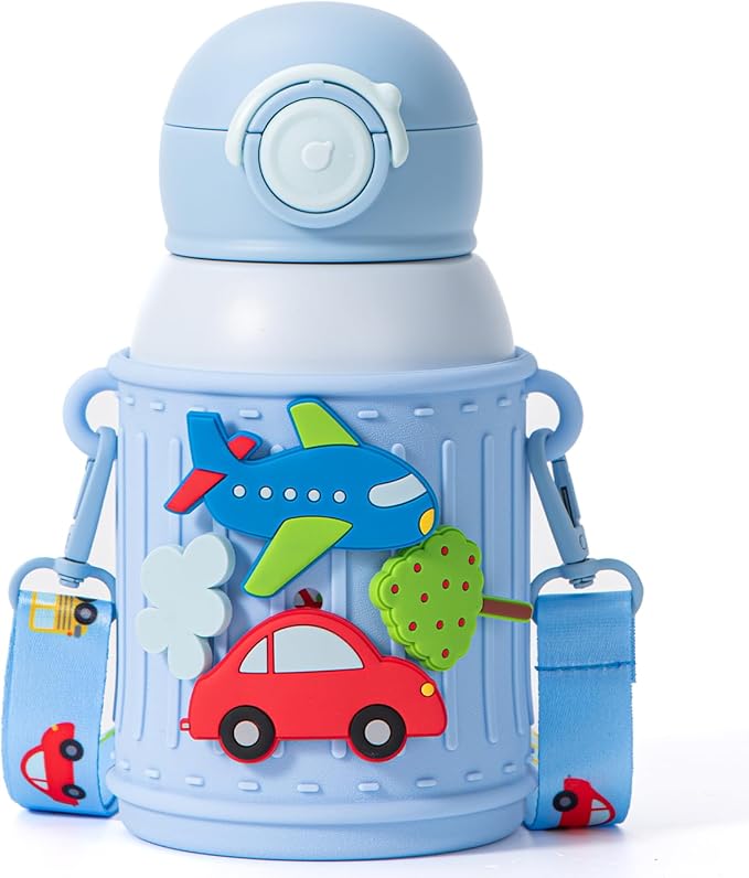Kids Insulated Tumbler Set – 16oz Stainless Steel Water Bottle with Straw & Pour Lids, Screw-On Cup, Adjustable Strap, Silicone Sleeve & Charms – Leakproof BPA-Free Bottle for Boys & Girls - Bloomnest