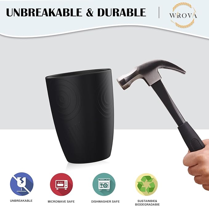 Wheat Straw Cups 8 PCS Good Alternative to Plastic Reusable Cups 12 oz Unbreakable Drinking Cup Reusable Dishwasher Safe Water Plastic Glasses Pure Black - Bloomnest