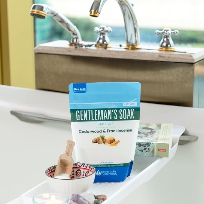 Gentleman's Bath Salt 32 Ounces Epsom Salt with Natural Cedarwood, Frankincense, Eucalyptus and Peppermint Essential Oils Plus Vitamin C in BPA Free Pouch with Easy Press-Lock Seal - Bloomnest