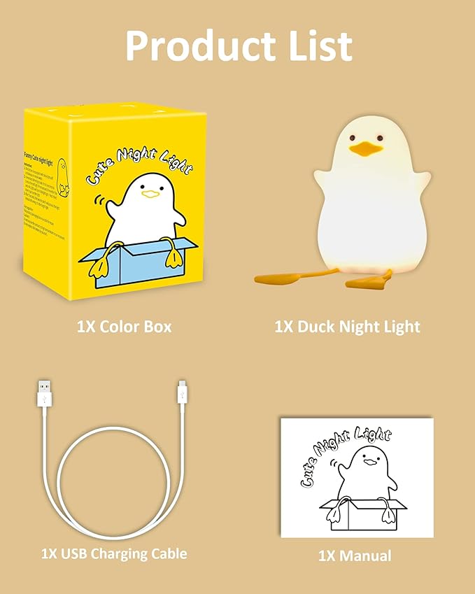 Attivolife Duck Night Light for Kids, Cute Animal Silicone Lamp Touch Control + Dimmable + Timer, USB Rechargeable LED Feeding, Bedside Bedroom Decor Birthday Gifts for Toddler Baby Women - Bloomnest